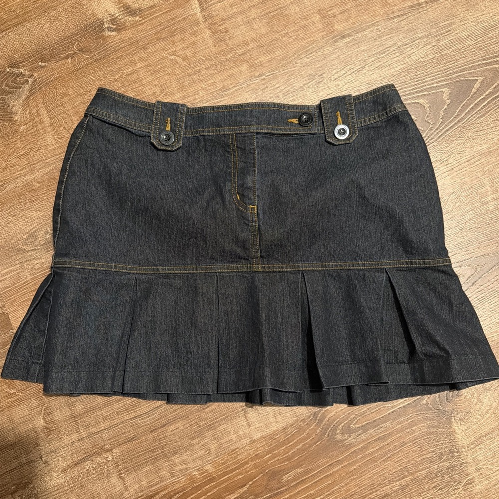 Bisou Bisou Vintage Y2K Black Denim Pleated Ruffle Mini Skirt Western Boho Sz 12